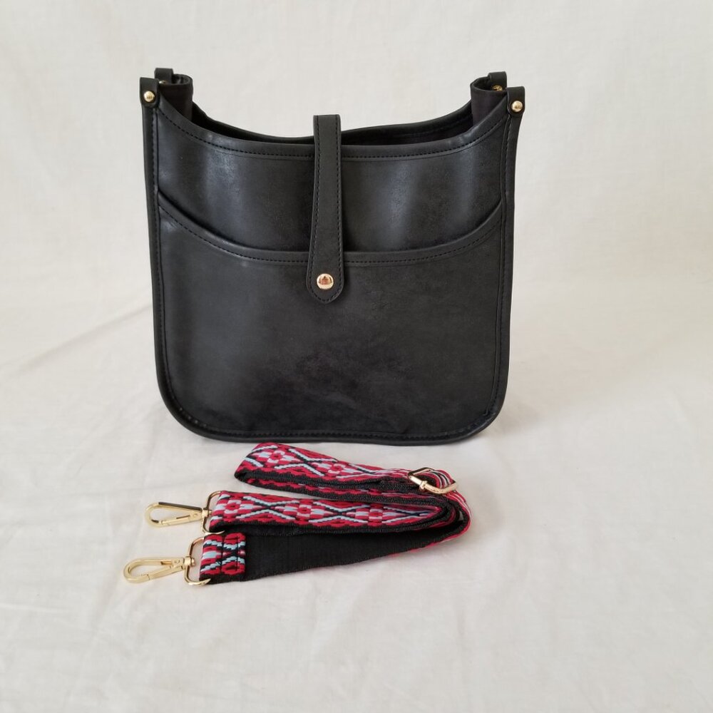 NWOT! Black Faux Leather Purse Shoulder Crossbody Bag with Embroidered Strap - Picture 2 of 12